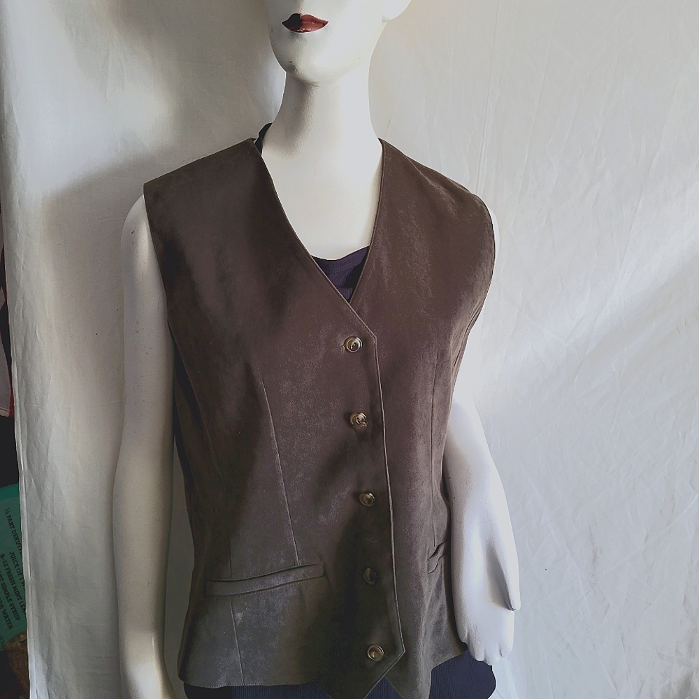 Women's Vintage Sag Harbor Olive Green Lined Velour Button Down Vest Size 12